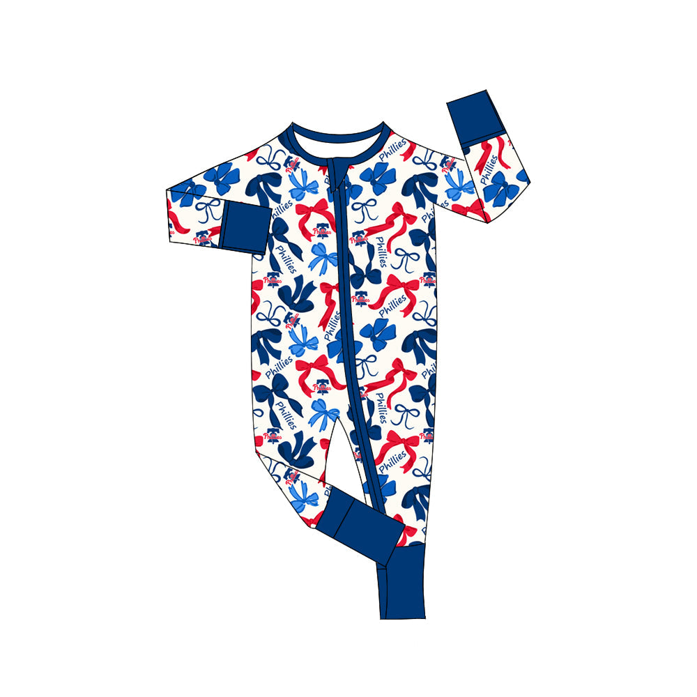 MOQ 3 pcs long sleeves red blue bows baby team zip romper