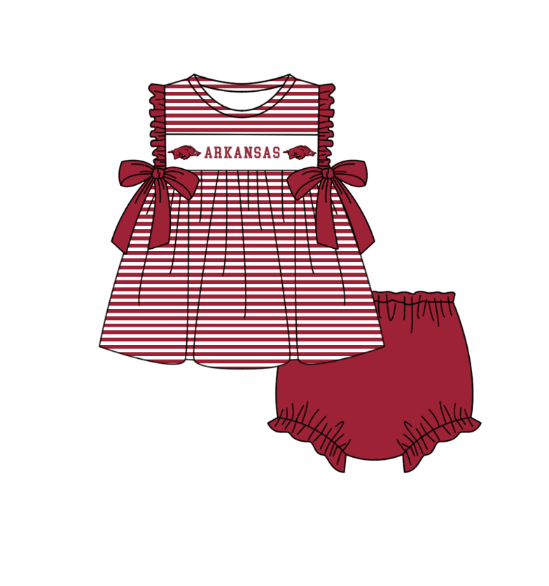 MOQ 5 pcs wine red stripe bow tunic bummies baby girls team set