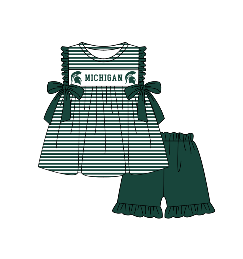 MOQ 5 pcs green stripe bow MICHIGAN tunic ruffle shorts girls team outfit