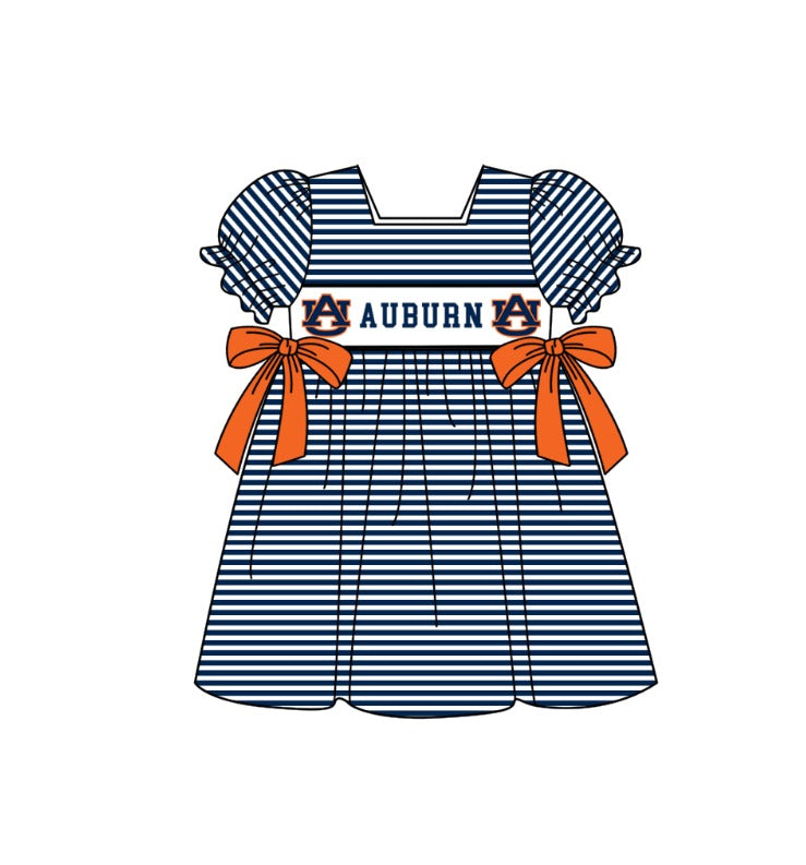 MOQ 5 pcs Short sleeves dark blue stripe orange bow AU girls team dresses