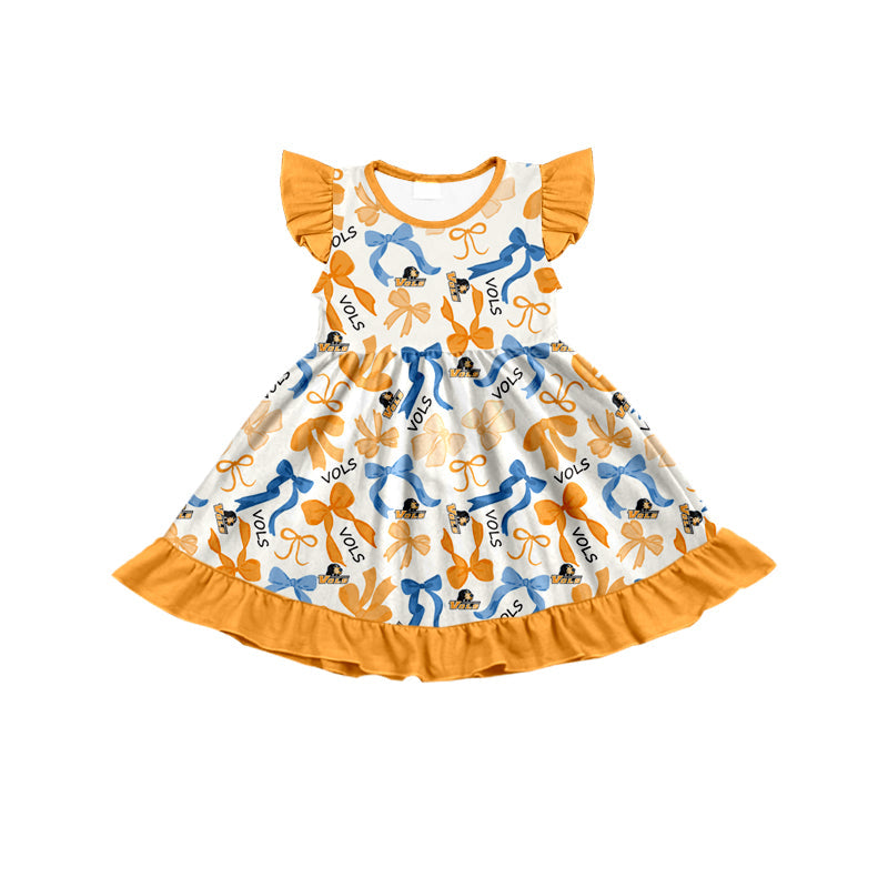 MOQ 3 pcs flutter sleeves yellow dog bows girls team dress