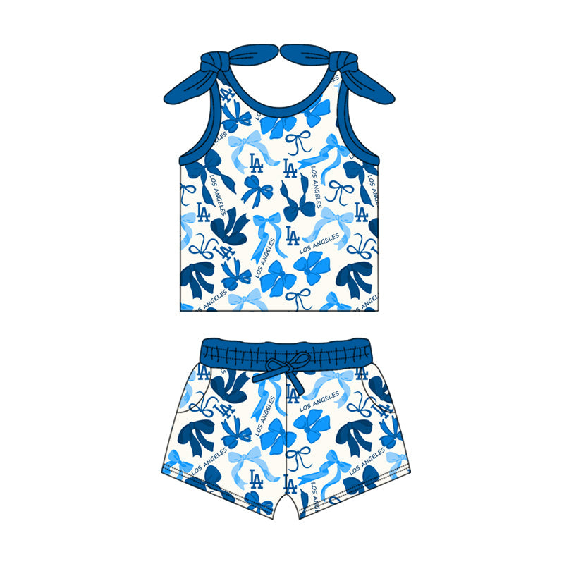 MOQ 3 pcs sleeveless blue L A bow top shorts girls team clothes