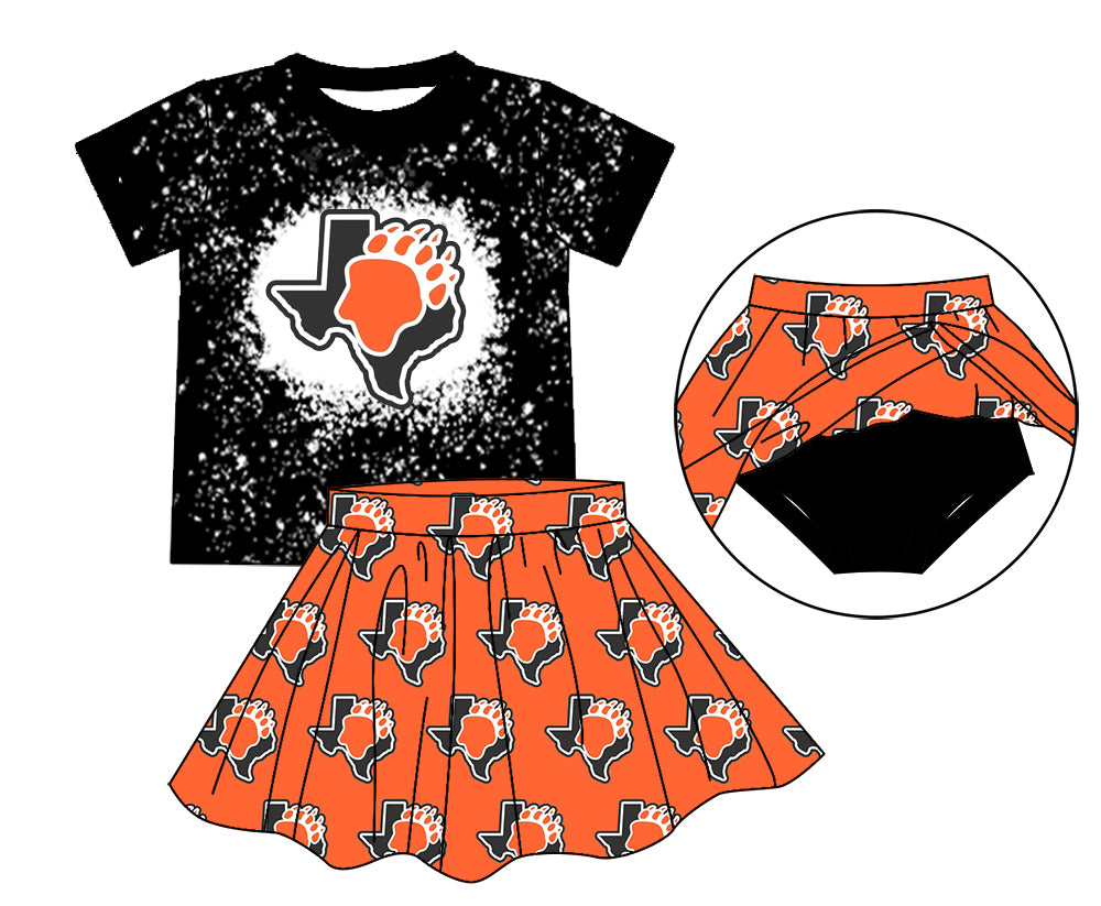 MOQ 3 pcs Bleached top orange skirt girls team clothing set