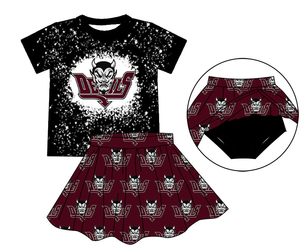 MOQ 3 pcs Bleached top maroon skirt girls team clothing set