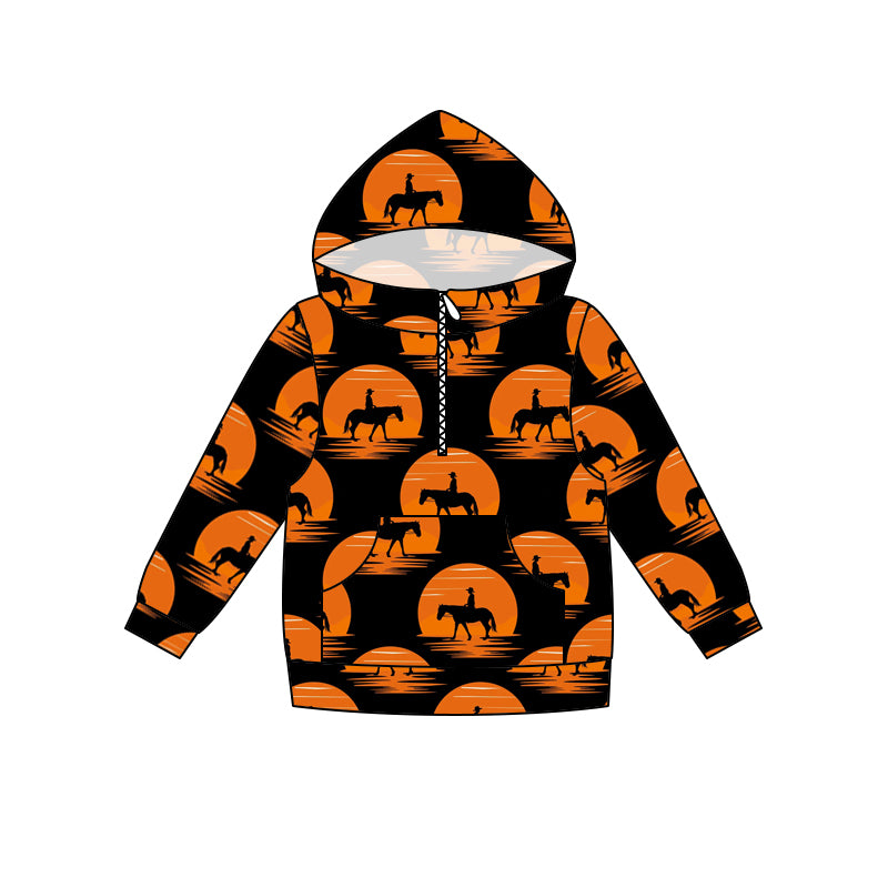 MOQ 5 orange black horse rodeo kids boy zipper hoodie