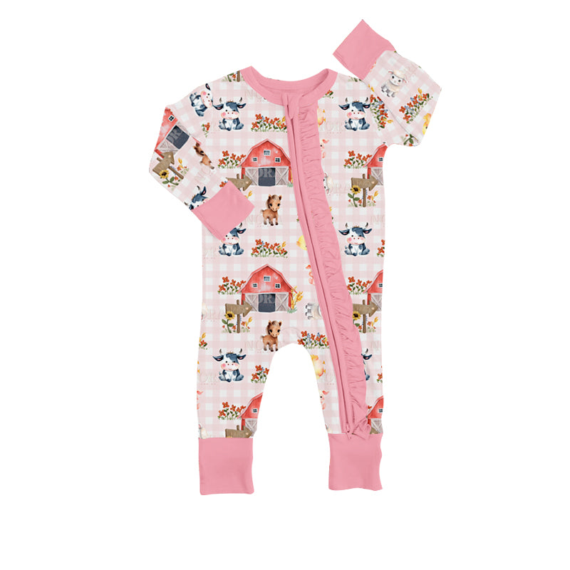 MOQ 5 PCS pink cow horse sheep baby girls zipper farm romper