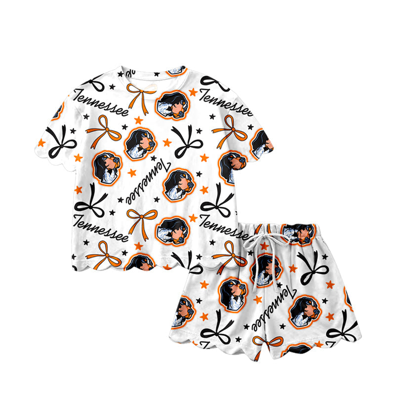 MOQ 5 pcs short sleeves dog bow scallop girls team outfits