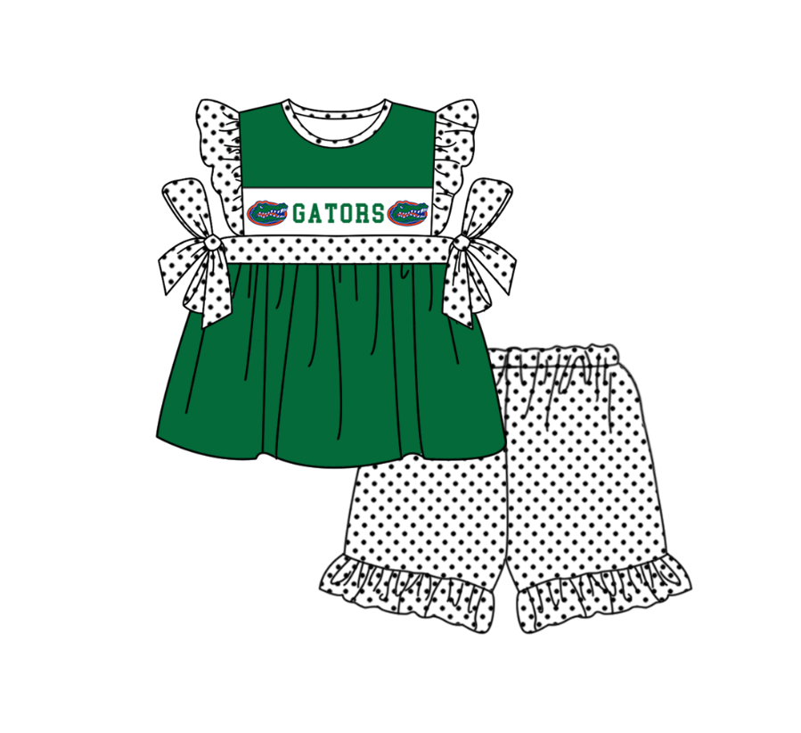MOQ 5 pcs green bow G tunic white polka dots ruffle shorts girls team outfit