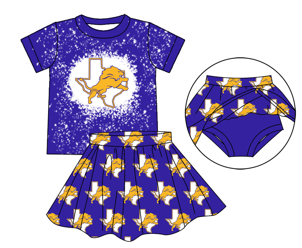 MOQ 3 pcs Bleached top purple skirt girls team clothing set