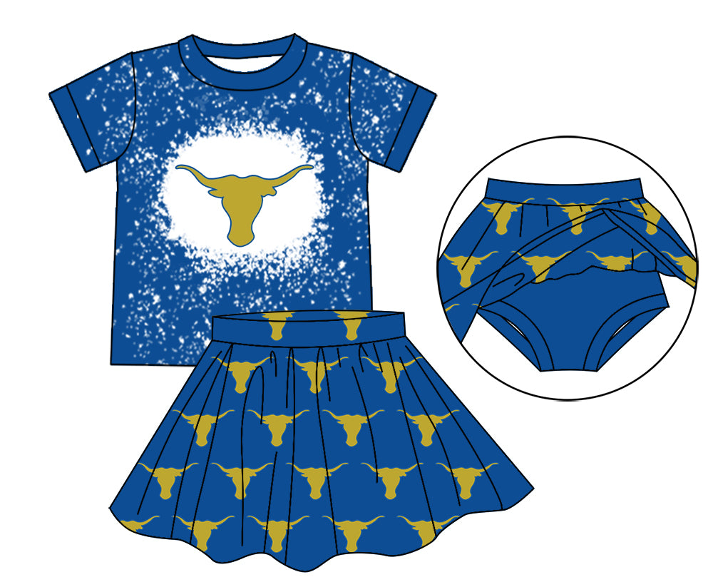 MOQ 3 pcs Bleached top blue skirt girls team clothing set