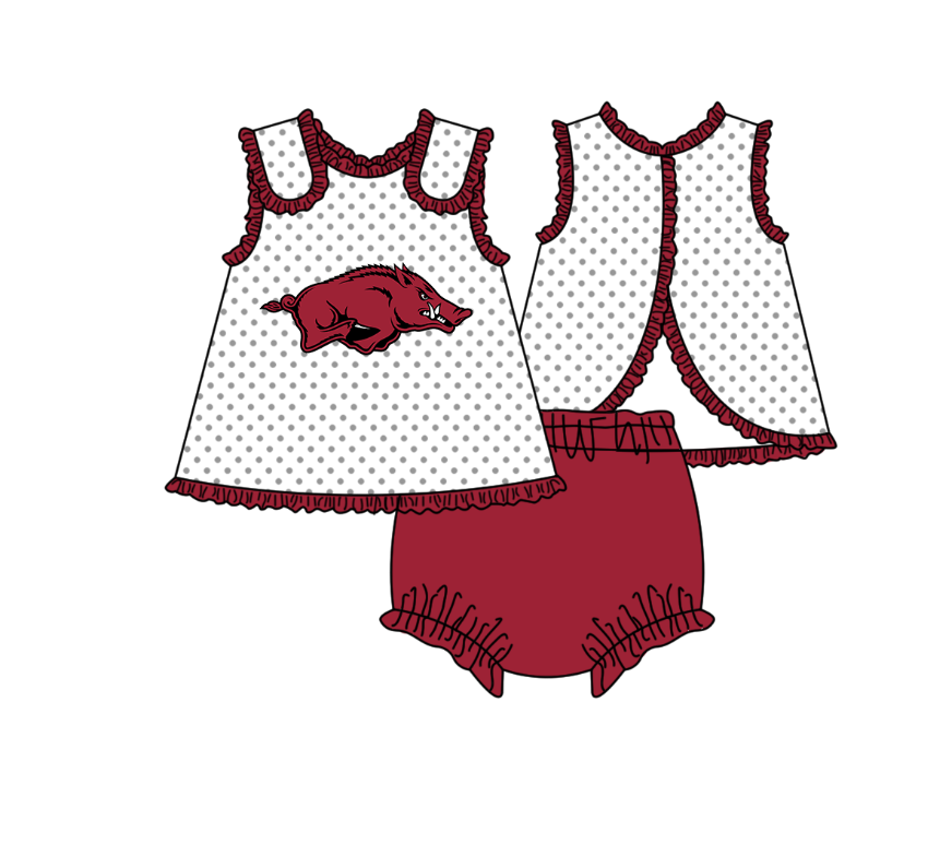 MOQ 5 pcs white polka dots sleeveless tunic maroon bummies baby girls team set