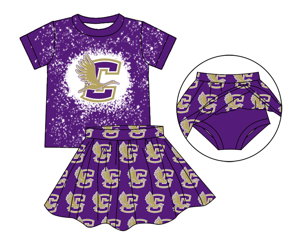 MOQ 3 pcs Bleached top purple C skirt girls team clothing set