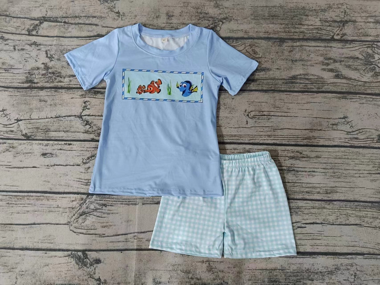 MOQ 3 pcs fish top plaid shorts boys summer clothes