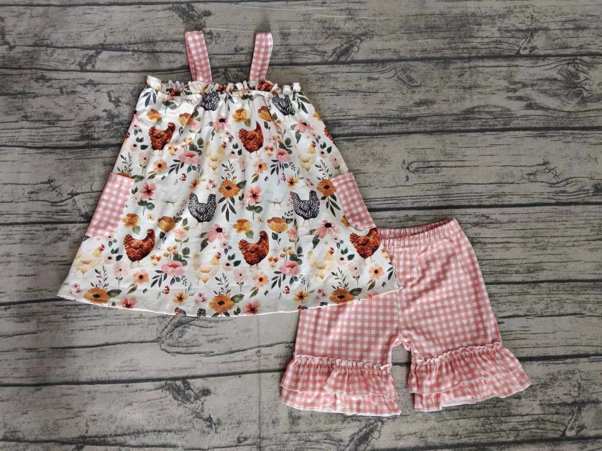 MOQ 3 pcs straps chicken floral pockets girls summer outfits