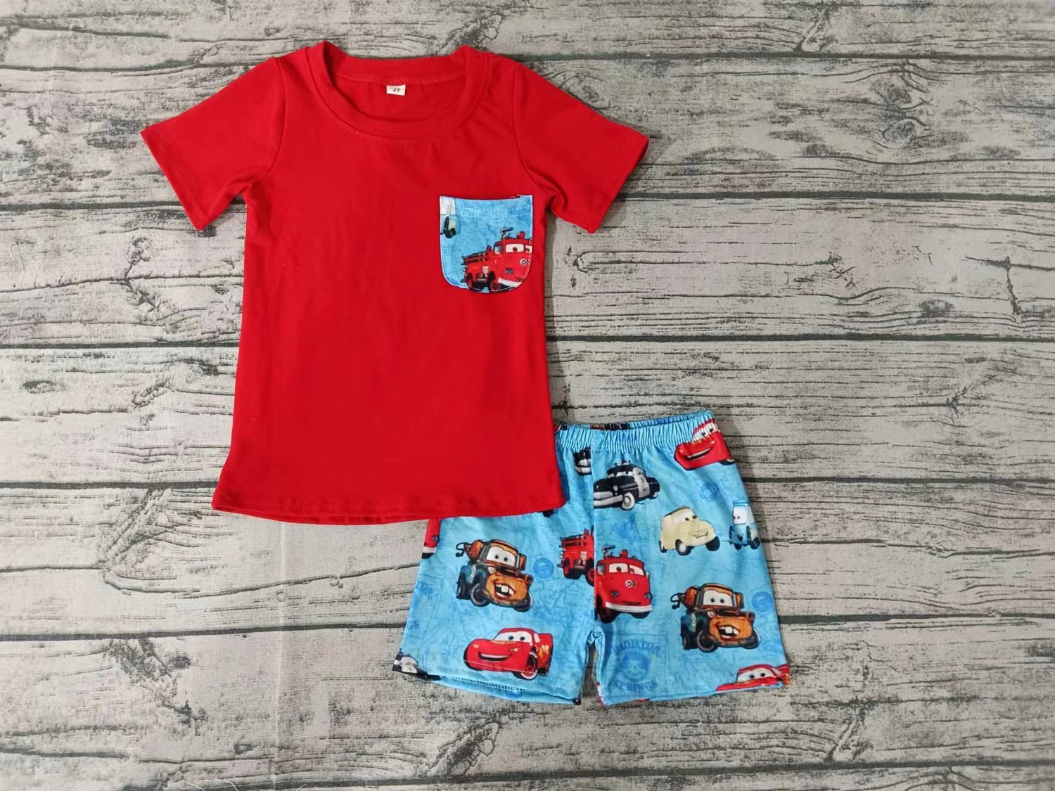 MOQ 3 pcs red pocket top car shorts boys summer clothes
