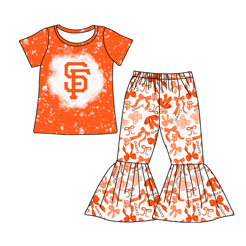 MOQ 3 pcs bleached orange S F top bow pants girls team clothes