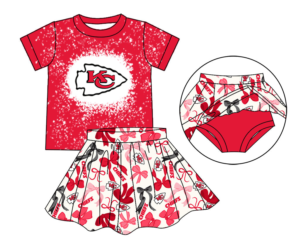 MOQ 3 pcs red K C bleached top bow skirt girls team outfits