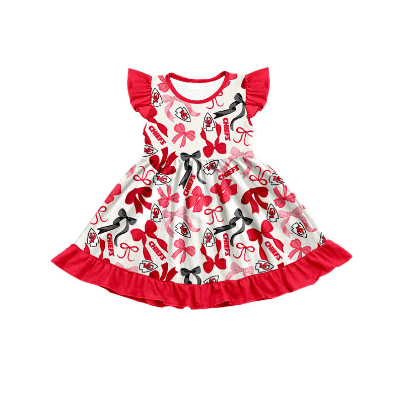 MOQ 3 pcs flutter sleeves K C bows girls team dress