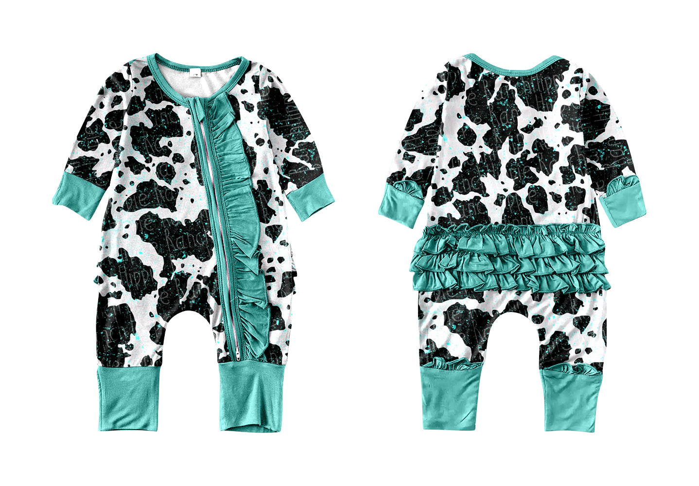 MOQ 5 PCS cow print turquoise ruffle baby girls zipper romper