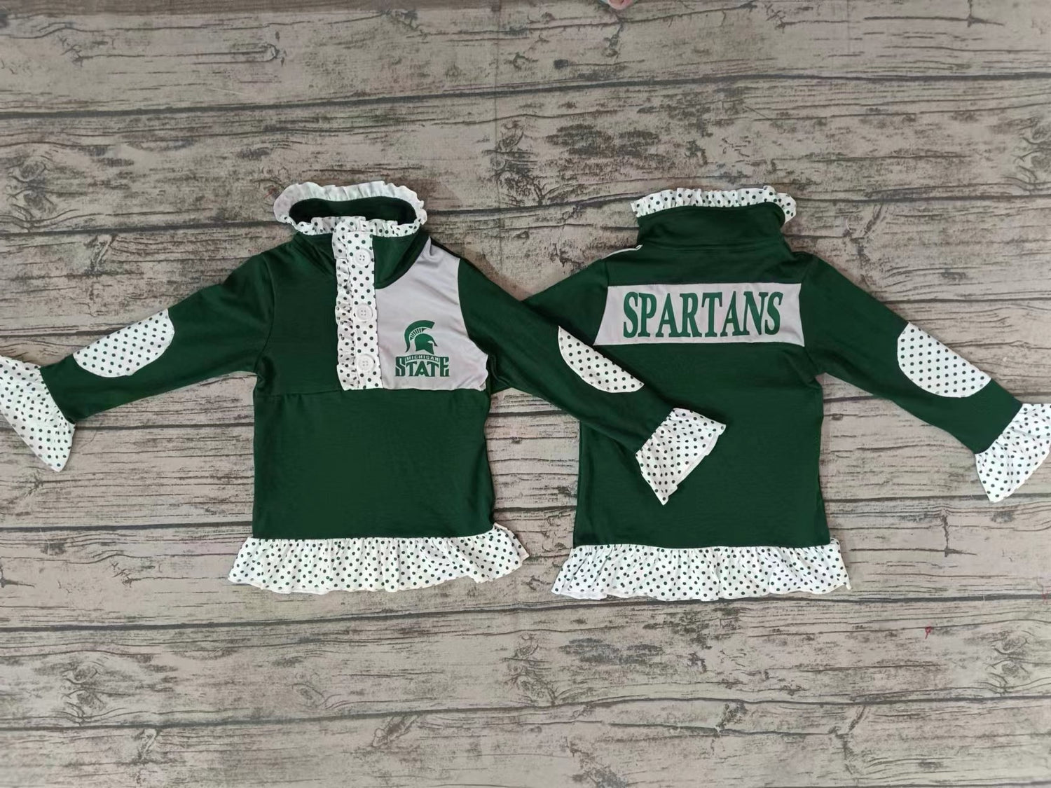 MOQ 3 pcs green polka dots girls team pullover
