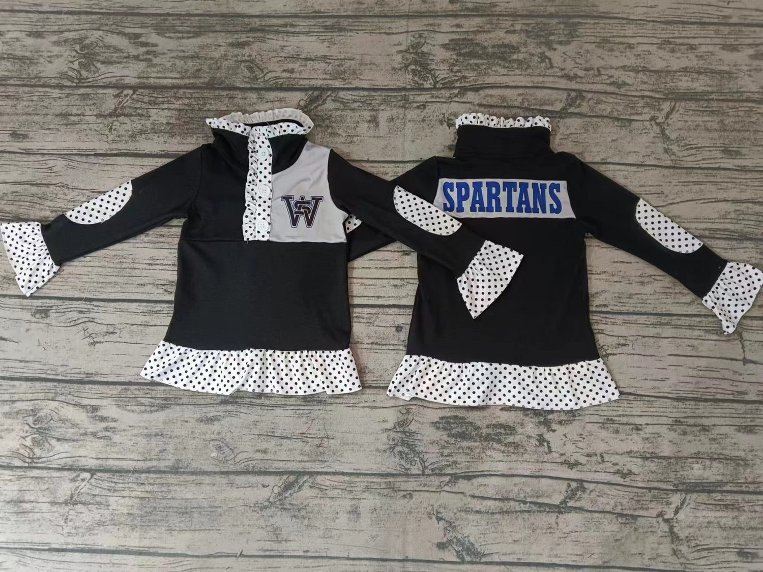 MOQ 3 pcs W S balck polka dots girls team pullover