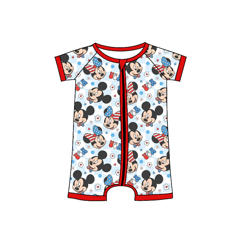 MOQ 3 pcs plaid stars mouse baby kids 4th of july romper