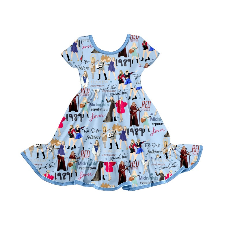 MOQ 3 pcs short sleeves blue stars guitar ruffle singer girls dress