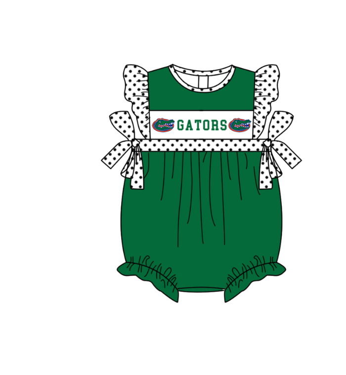 MOQ 5 pcs green flying sleeves white polka dots bow G baby girls team romper