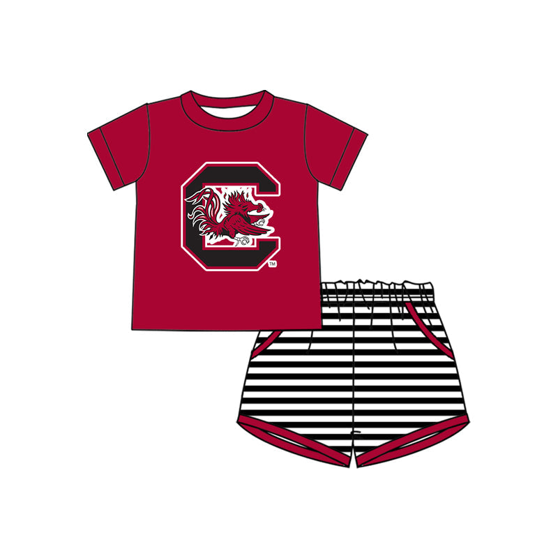 MOQ 5 pcs red C top stripe shorts boys team outfits