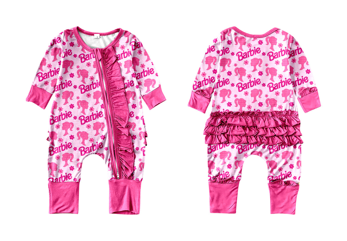MOQ 5 PCS hot pink floral ruffle party baby romper
