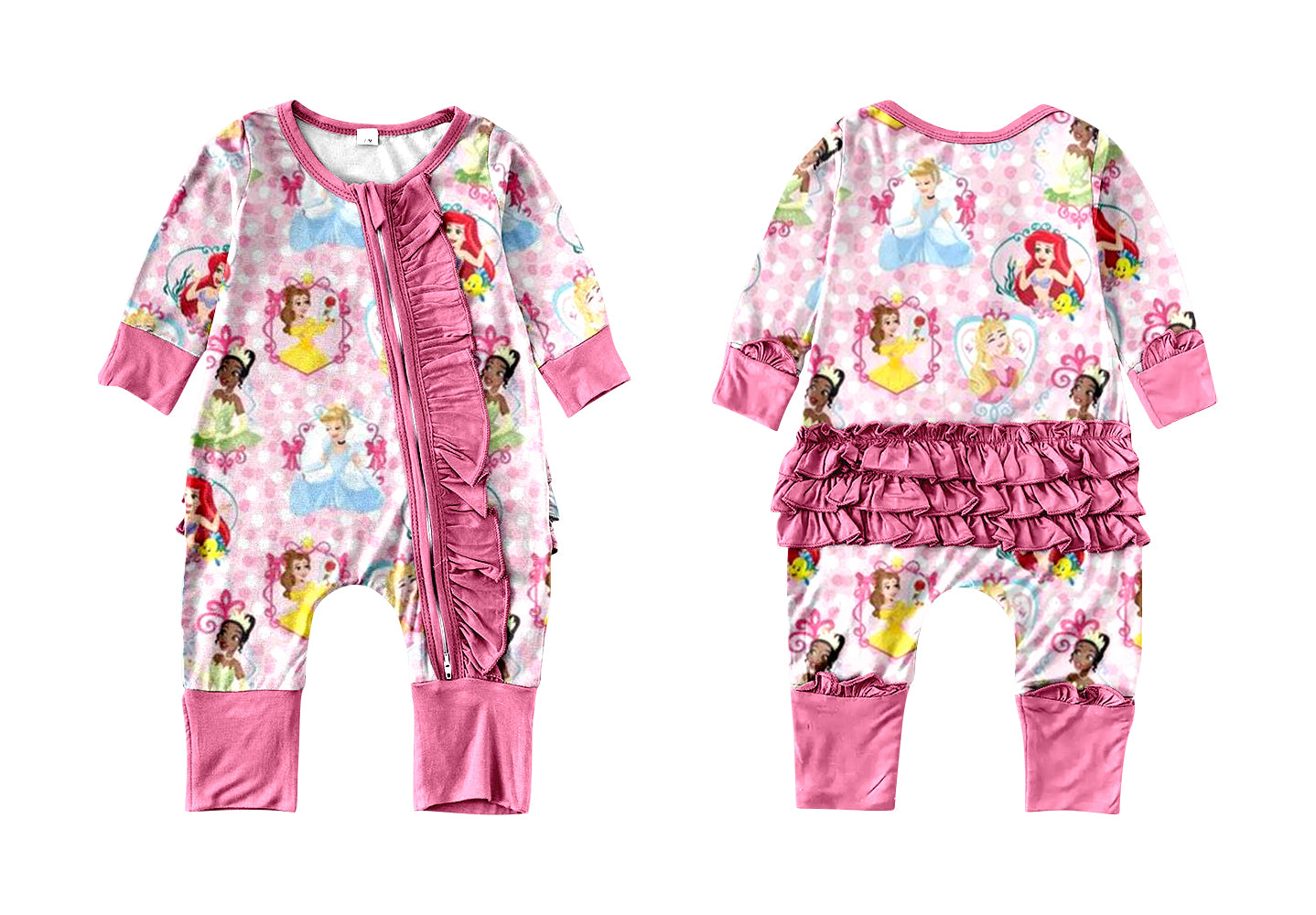 MOQ 5 PCS pink princess ruffle baby girls zipper romper
