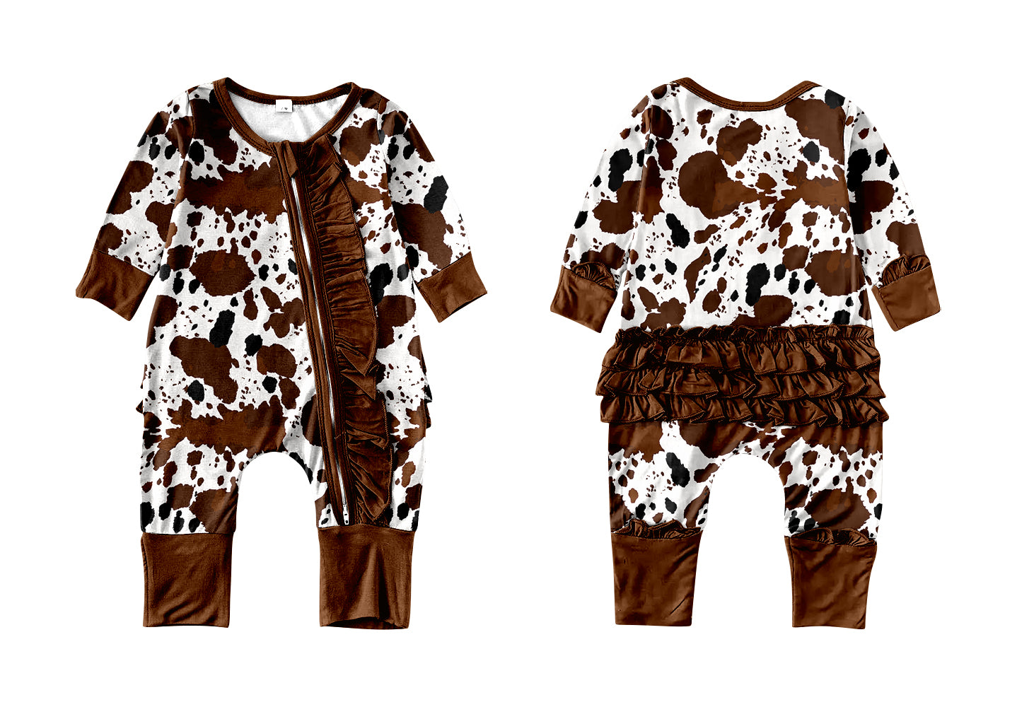 MOQ 5 PCS cow print ruffle baby girls zipper romper