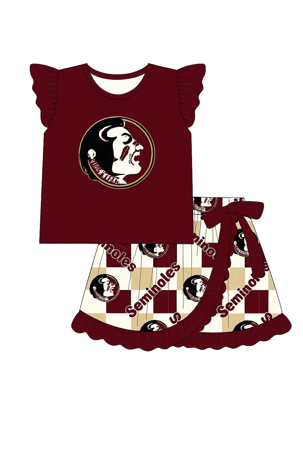 MOQ 3 pcs Flutter sleeves F S U marron top skirt girls team outfits