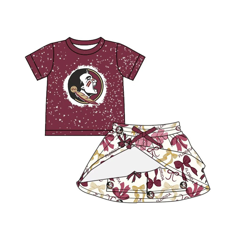 MOQ 3 pcs bleached F S U top bow skirt girls team outfits