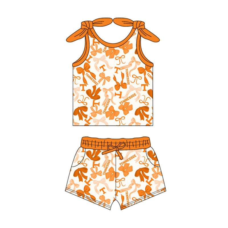 MOQ 3 pcs sleeveless T yellow bow top shorts girls team clothes