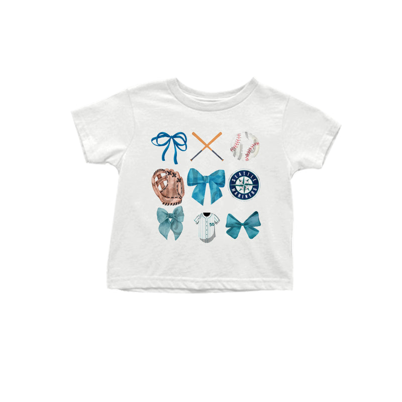 MOQ 3 pcs White short sleeves blue bow baseball kids team shirt
