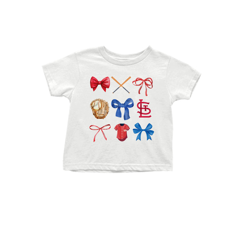 MOQ 3 pcs White short sleeves red blue bow baseball kids team shirt