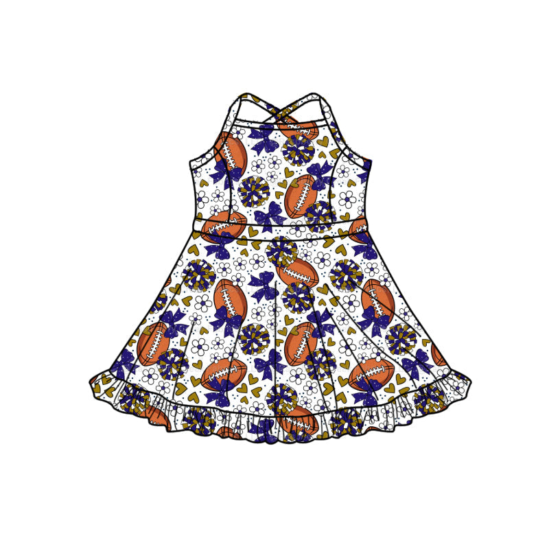 MOQ 5 pcs straps blue bow floral heart football girls team athletic dress
