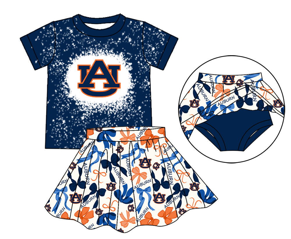 MOQ 3 pcs A U bleached top bow skirt girls team outfits