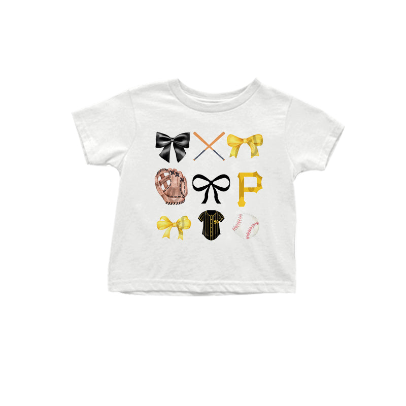 MOQ 3 pcs White short sleeves yellow bow P baseball kids team shirt