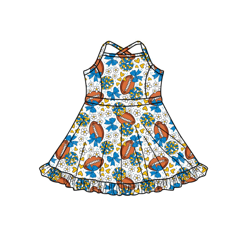 MOQ 5 pcs straps yellow blue bow floral heart football girls team athletic dress