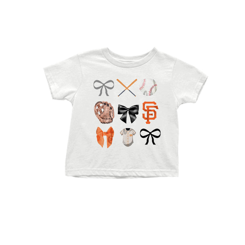 MOQ 3 pcs White short sleeves orange bow S F baseball kids team shirt