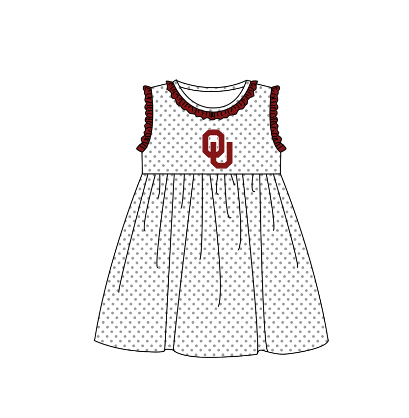 MOQ 5 pcs maroon ruffle sleeveless white polka dots OU girls team dresses