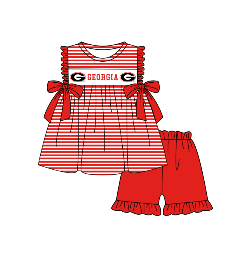 MOQ 5 pcs red stripe bow G tunic ruffle shorts girls team outfit