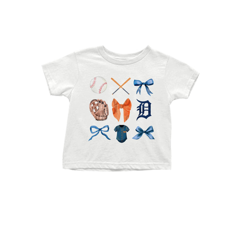 MOQ 3 pcs White short sleeves blue orange bow baseball kids team shirt