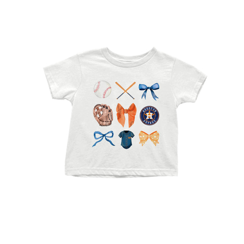 MOQ 3 pcs White short sleeves orange bow H baseball kids team shirt