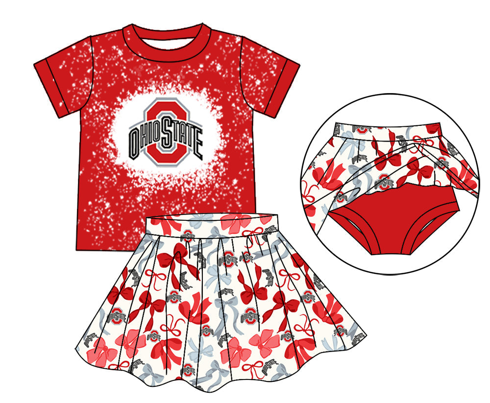 MOQ 3 pcs red O bleached top bow skirt girls team outfits