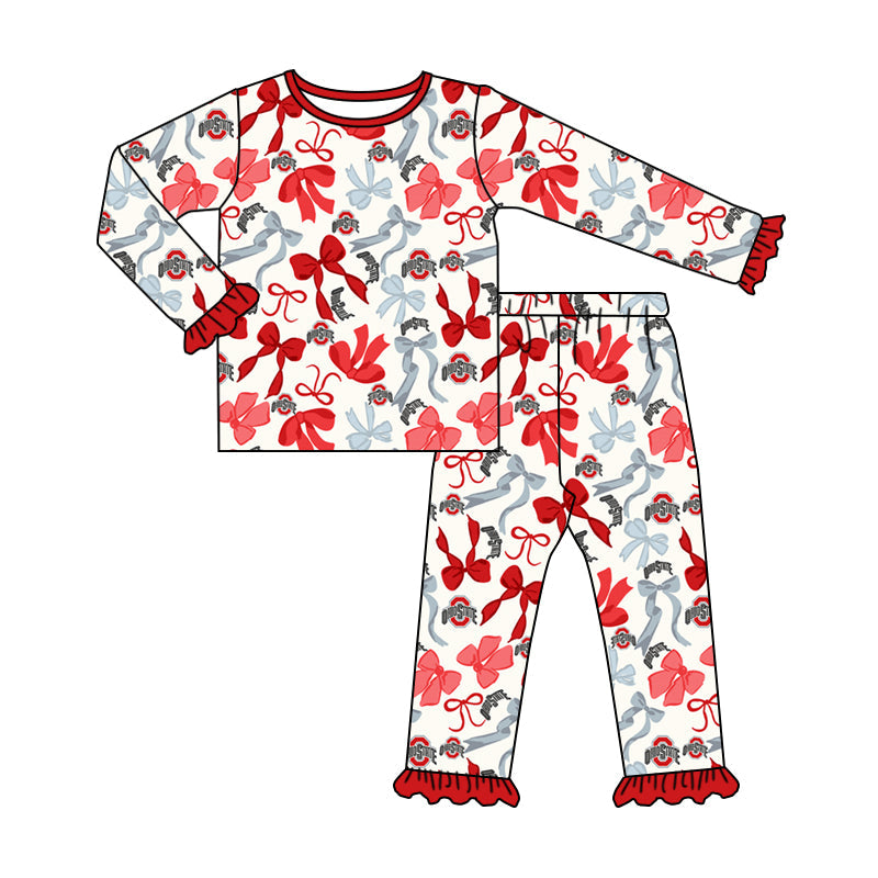 MOQ 3 Long sleeves red O bow kids girls team pajamas