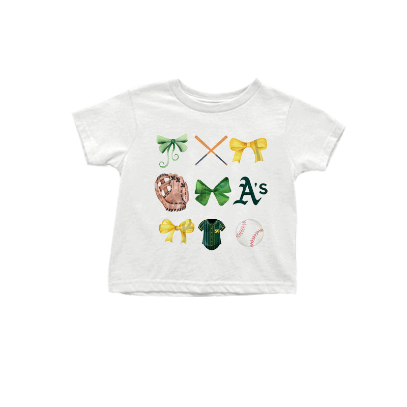 MOQ 3 pcs White short sleeves green bow A baseball kids team shirt
