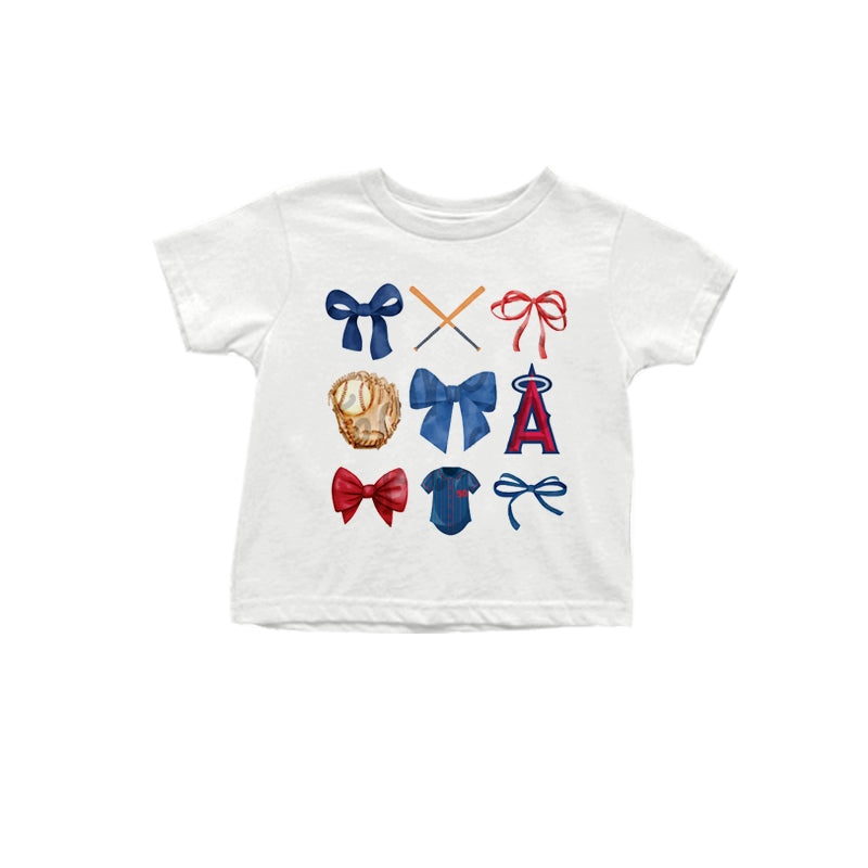 MOQ 3 pcs White blue red bow A baseball kids team shirt